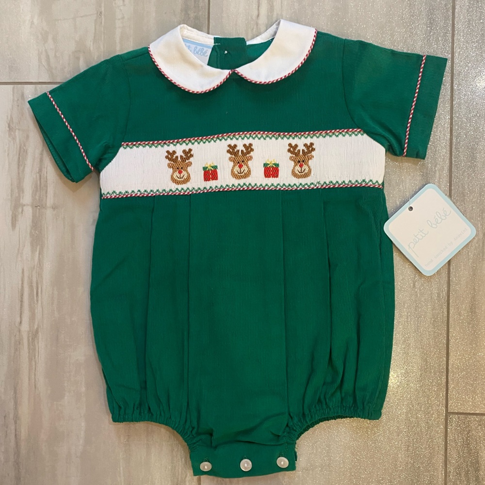 NWT Petit Bebe Vibrant Green Corduroy Smocked Reindeer Bubble Romper Boys 3M